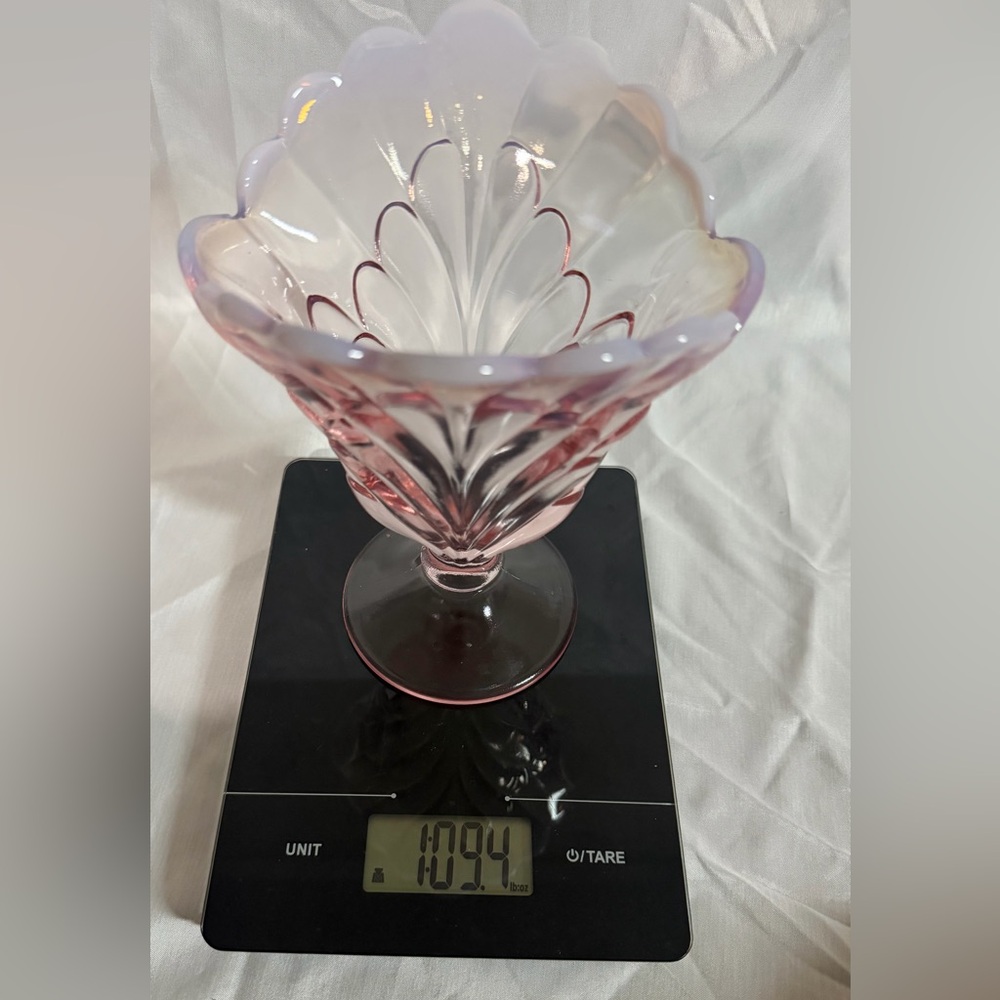 Pink Opalescent Glass Vase, Decorative, Scalloped Rim, Pedestal Base, 6.5" Tall - Picture 13 of 13